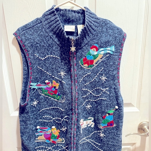 Vintage ERIKA size XL blue winter sled embroidered zip up vest - Picture 1 of 5